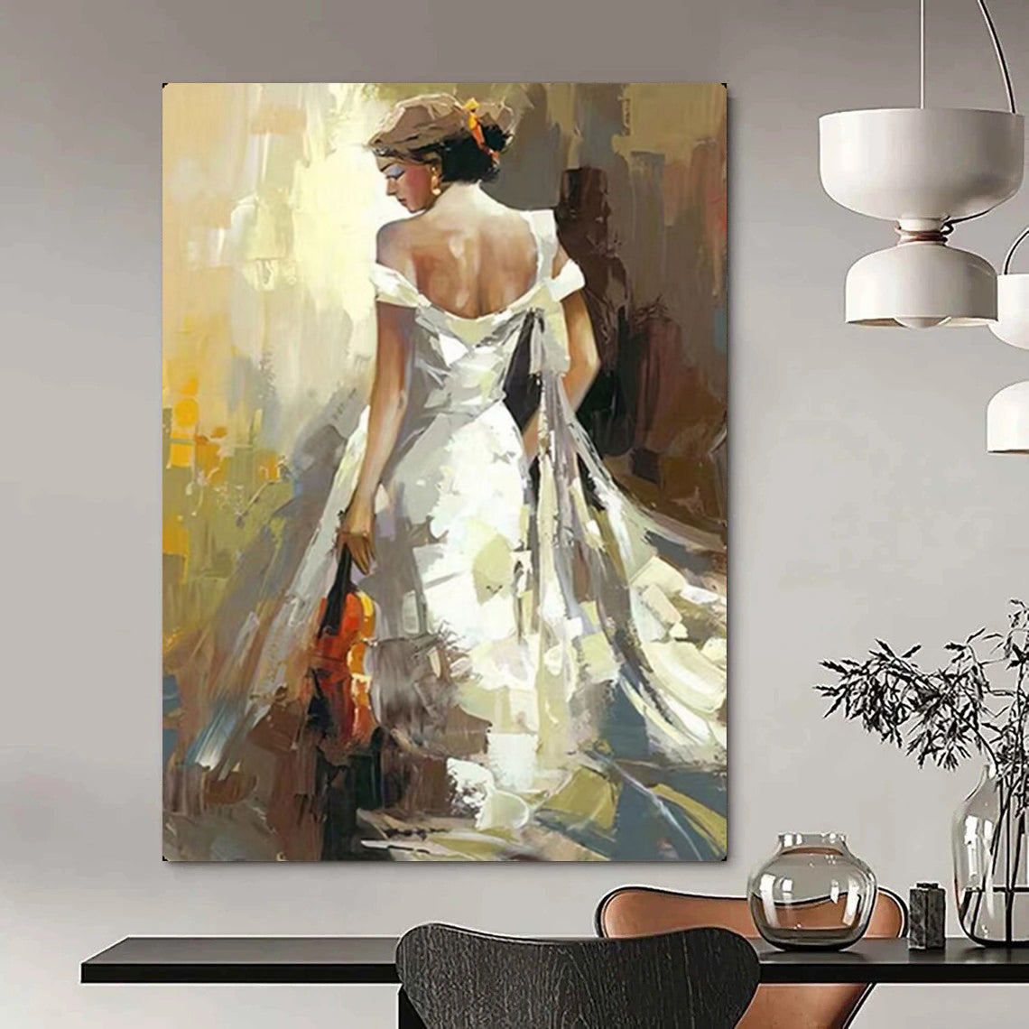 “Elegant Woman with Violin” – Impressionistic Oil Painting On Canvas CT2175