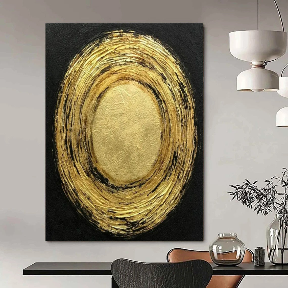 “Gold & Black Textured Circles” - Abstract Painting On Canvas CT2330