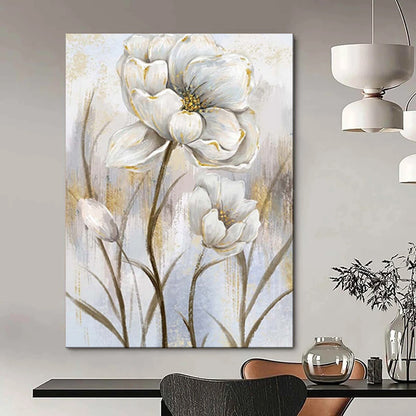 “Elegant White Blossoms: Gold - Accented Floral Art” - Mixed - Media on Canvas CT1906