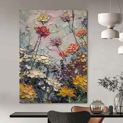 “Textured Colorful Flower Garden” – Impasto Floral Oil Painting On Canvas CT2142