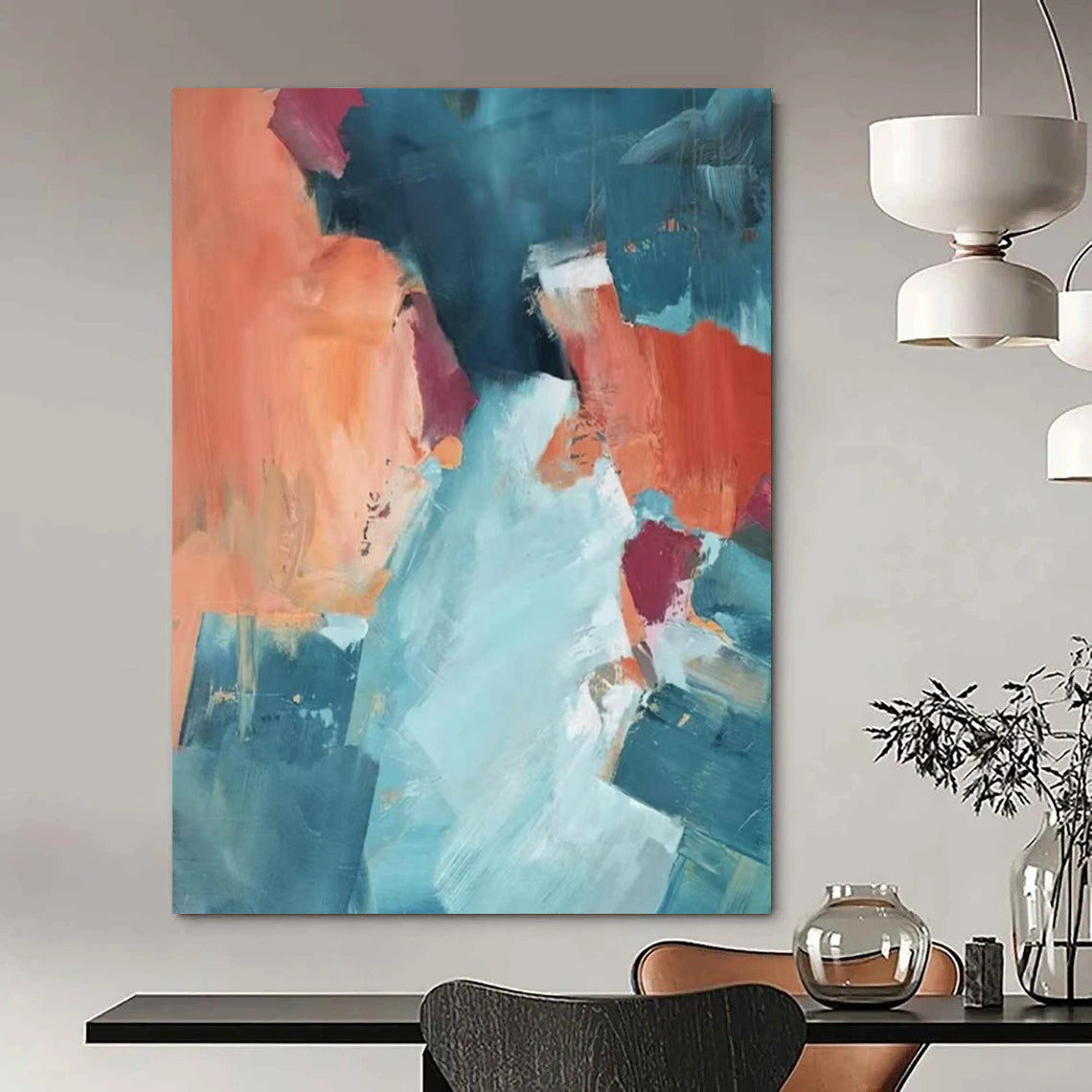 Coral & Teal Abstract Collage - Abstract Collage - Style Painting On Canvas CT2269