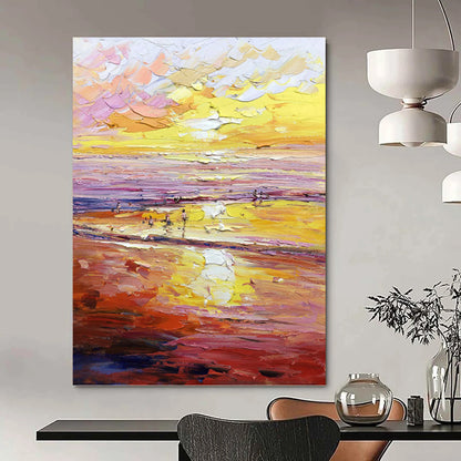Vibrant Sunset Beach in Warm Hues - Impressionistic Landscape Painting On Canvas DKH1306