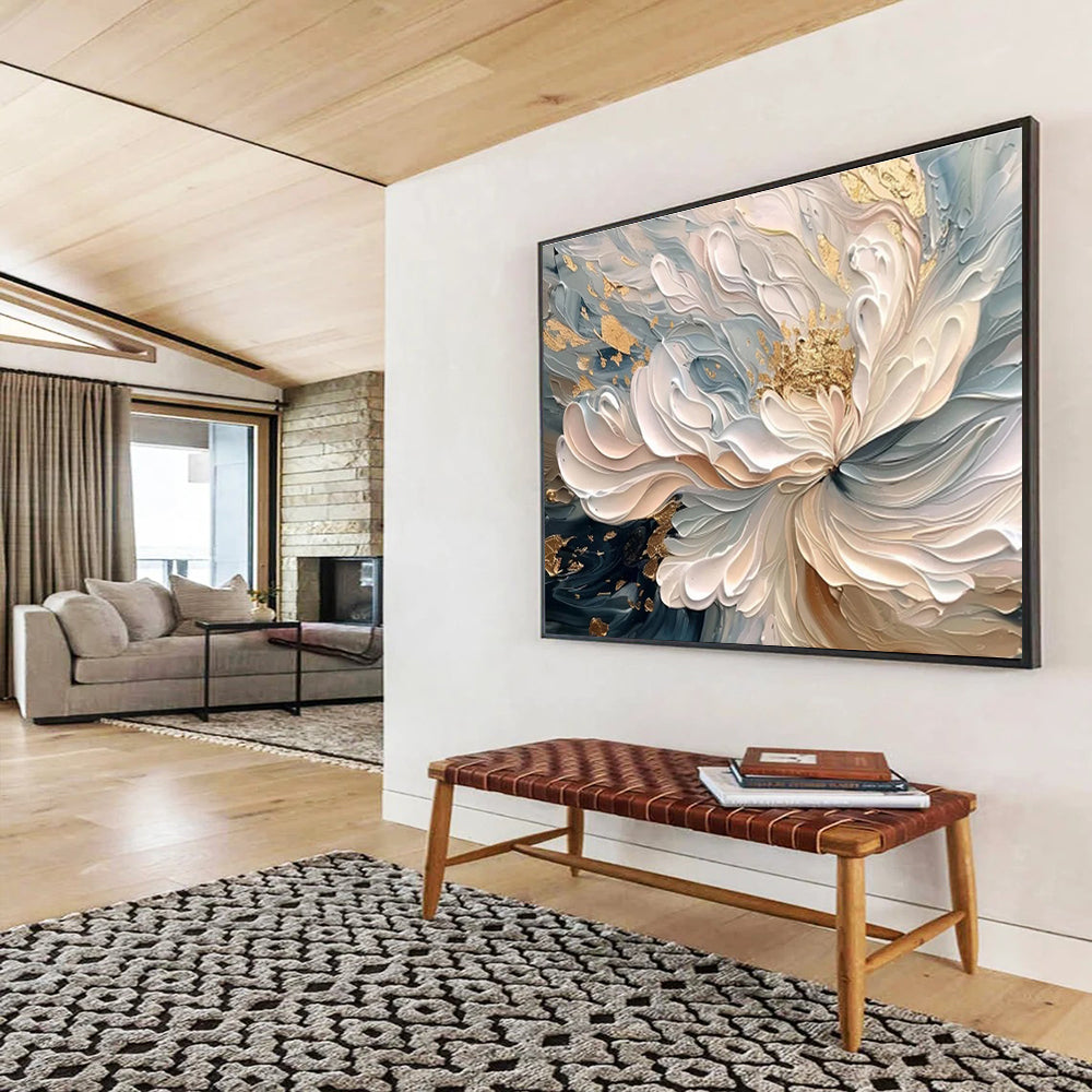 Elegant White - Gold Floral Painting On Canvas DKH682