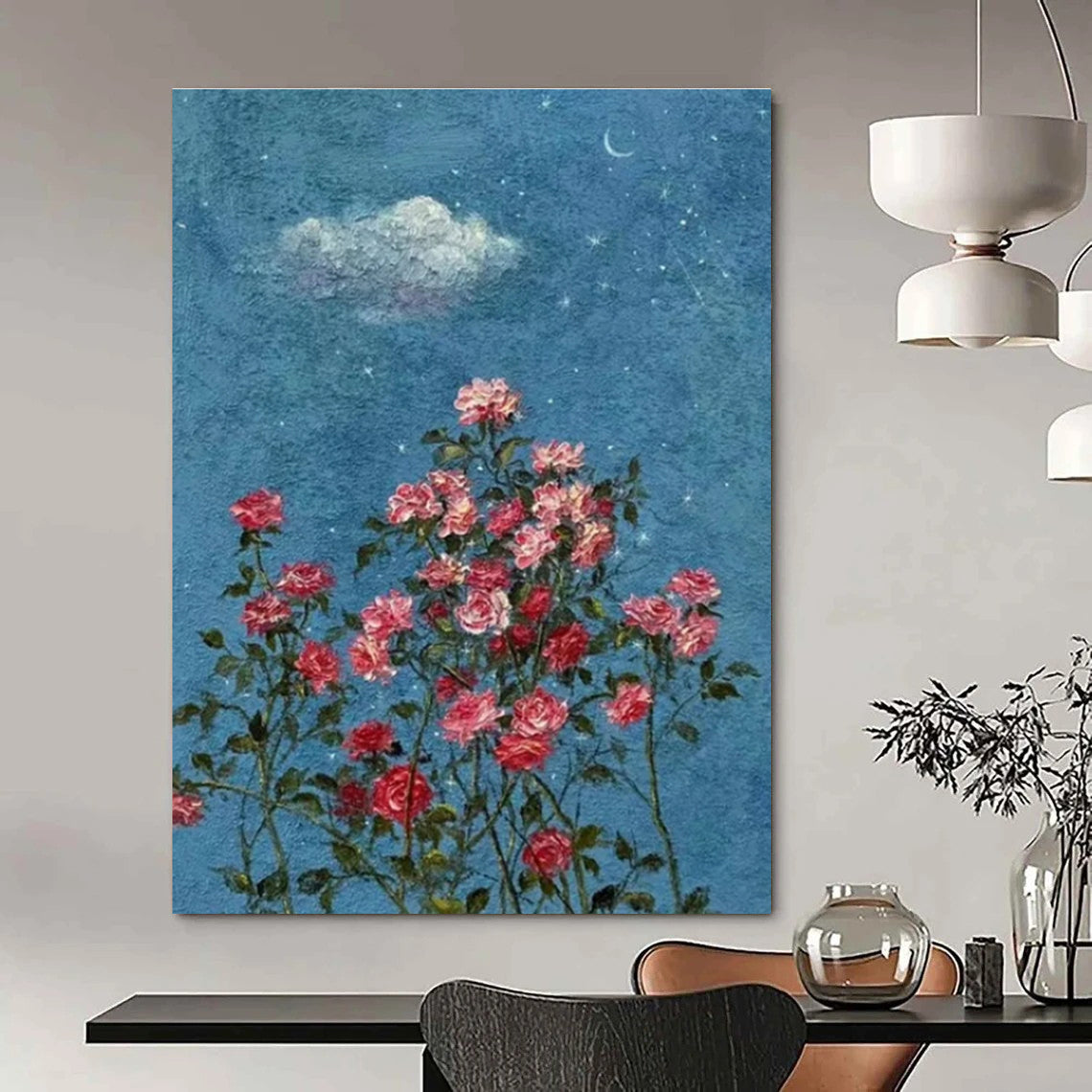 Blue Sky, Stars, Cloud, Moon & Pink Roses - "Starry Rose Garden" - Impressionistic Oil Painting CT1454
