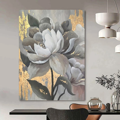 “Elegant Gray & Gold Flowers” - Modern Floral Painting On Canvas DKH1620