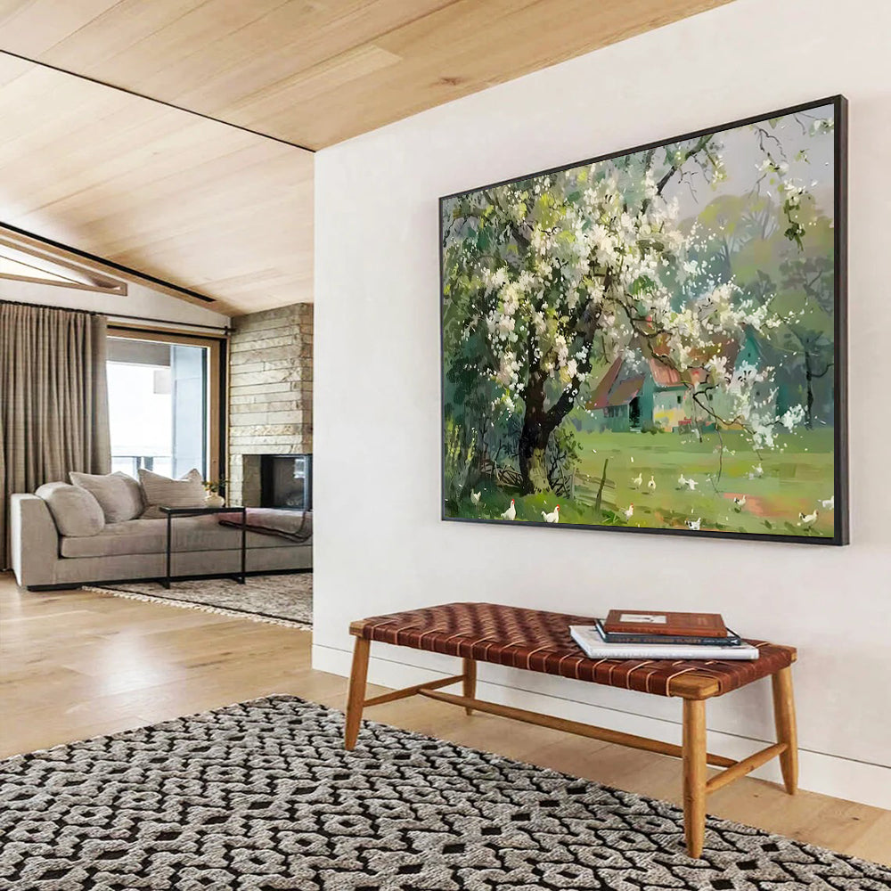 Blossoming Tree in Countryside - Realist Landscape Painting On Canvas DLZ215