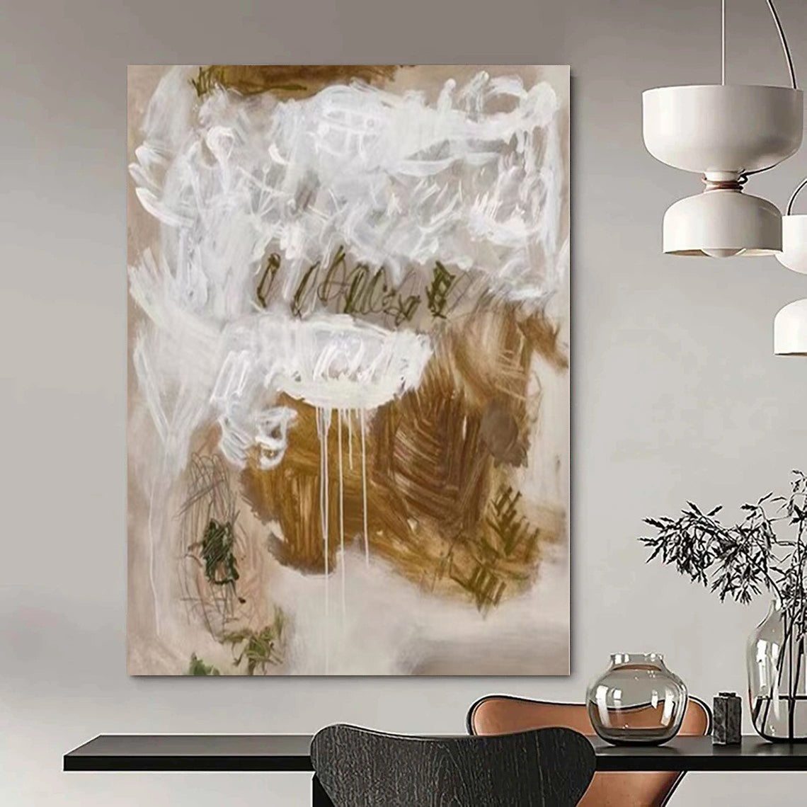 “Expressive Beige - White Abstract” – Abstract Expressionist Painting CT1085