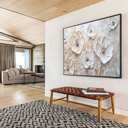 3D White Flowers - Beige & White Floral Painting On Canvas DKH906