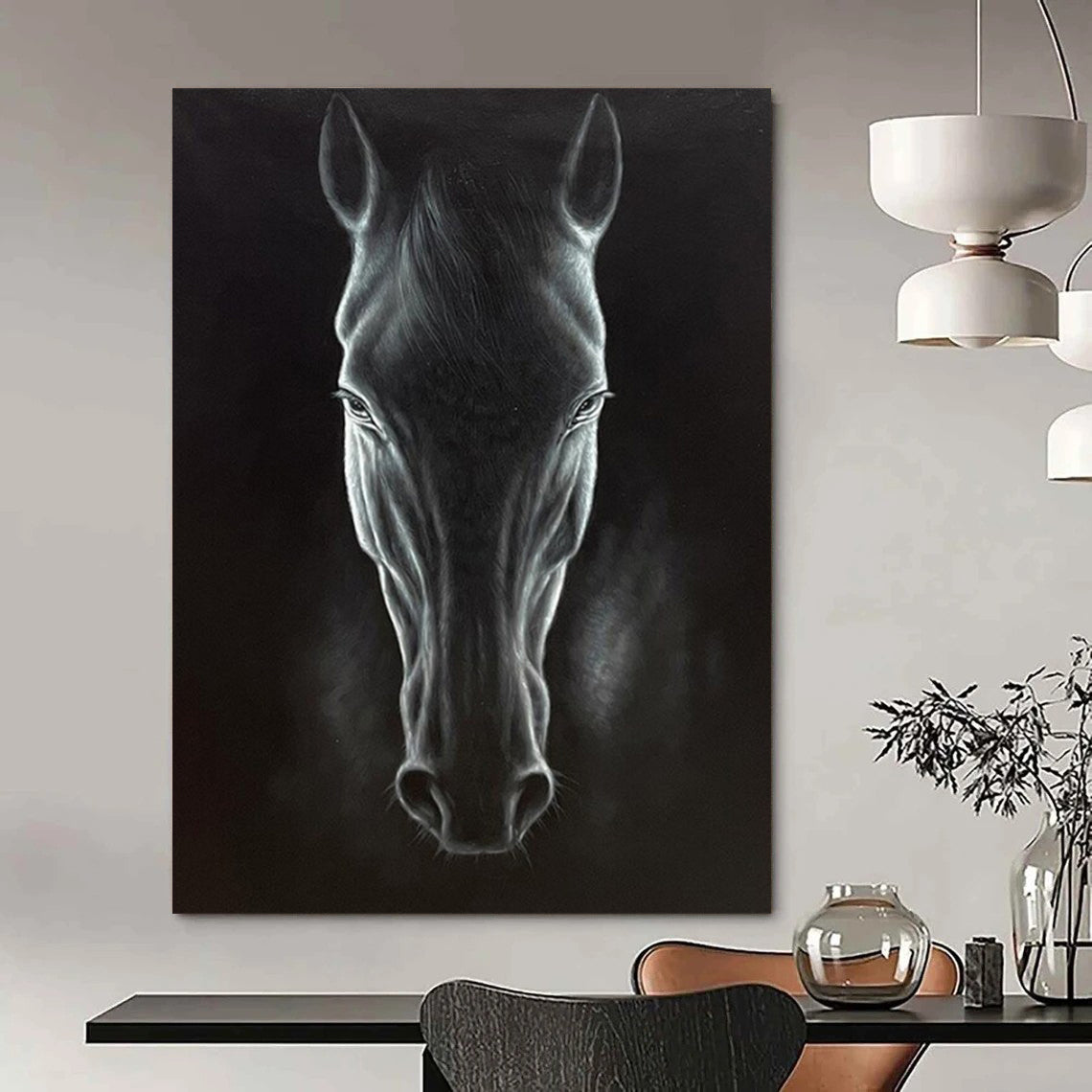 “Realistic Black Horse Portrait” – Hyperrealistic Oil Painting On Canvas CT2177