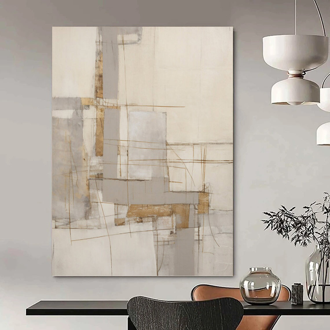 Linear Neutrals Abstract Composition - Abstract Painting On Canvas DKH1322