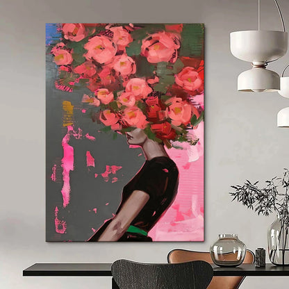 “Pink Flowers on Gray - Pink” - Pop - Surrealist Portrait Art CT1952
