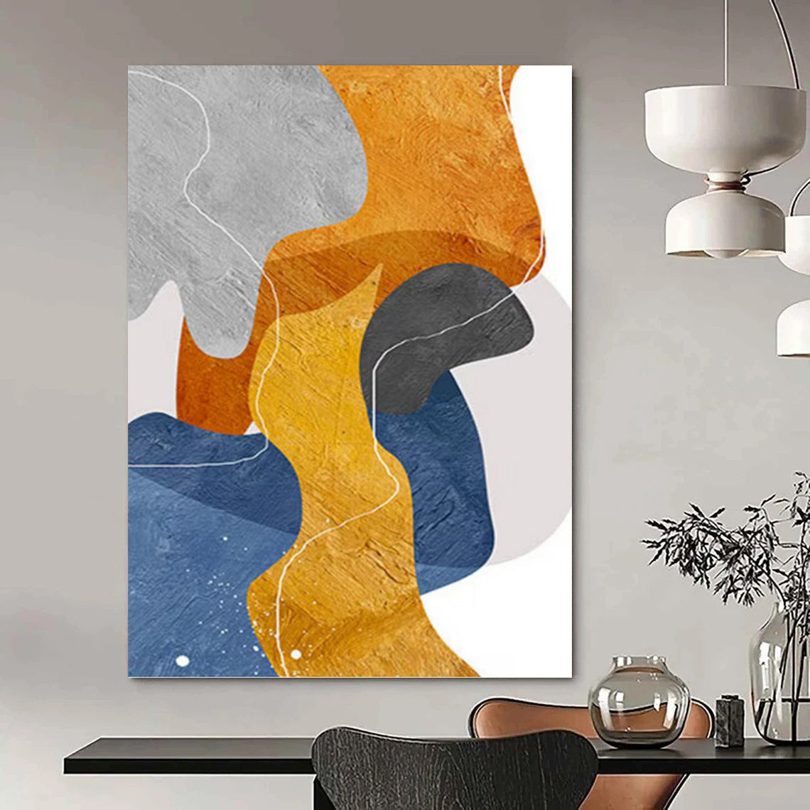 “Color Block Pathways” - Gray, Orange, Yellow & Blue Abstract Shapes Painting On Canvas DKH1550