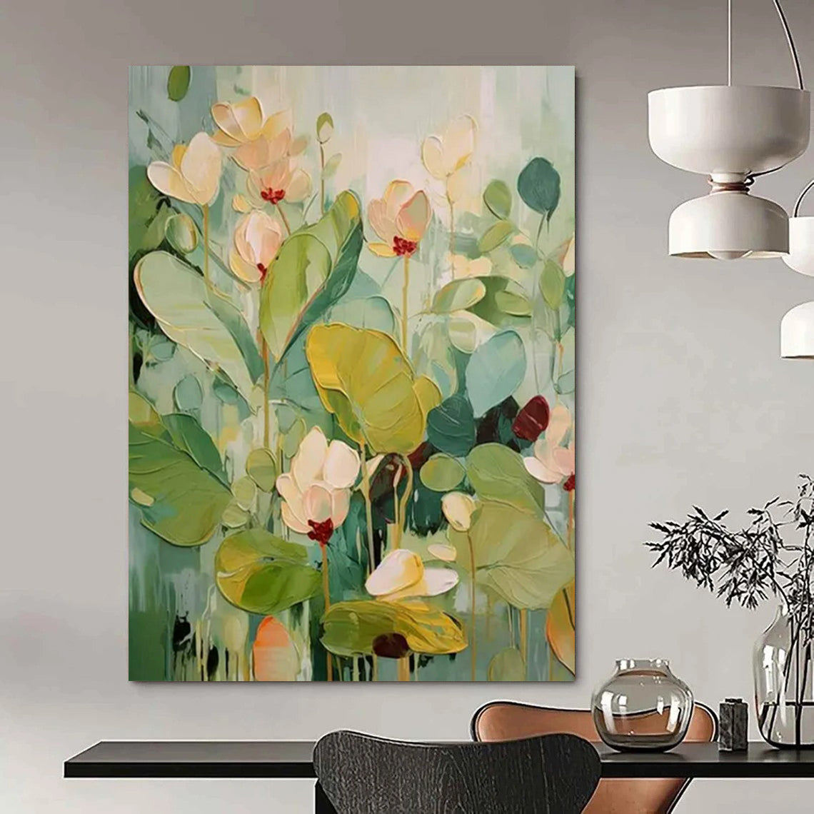 “Textured Flowers 2” - Green & White Floral Painting On Canvas CT2237