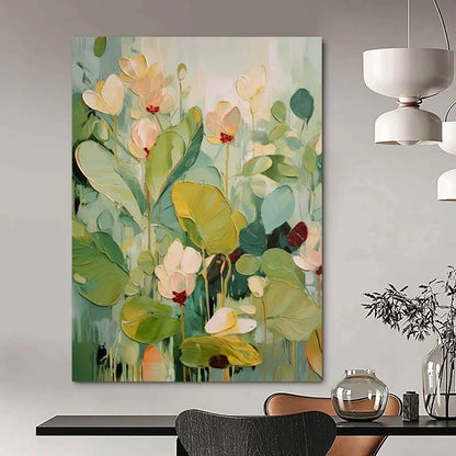 “Textured Flowers 2” - Green & White Floral Painting On Canvas CT2237