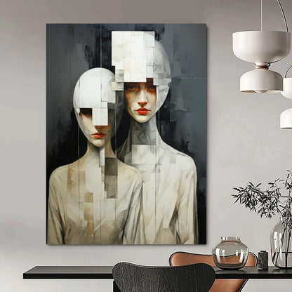 “Cubist Human Figures” - Gray & White Abstract Portrait Painting On Canvas CT2203