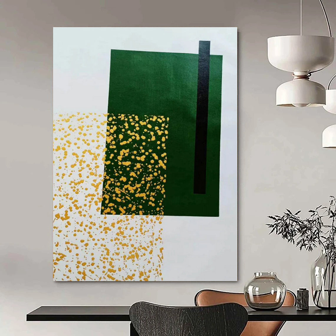 Green, Black & Gold Specks - Abstract Minimalist Acrylic On Canvas CT1328