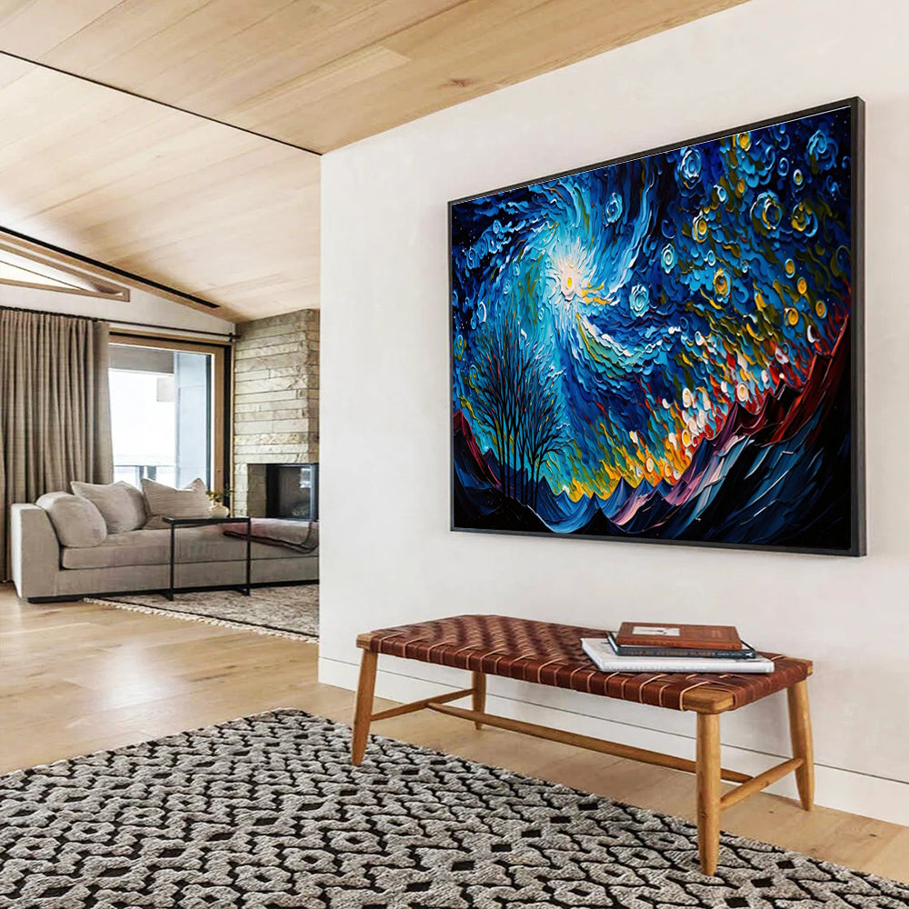 Swirling Starry Night - Blue, Yellow & White Abstract Sky Painting On Canvas DKH885