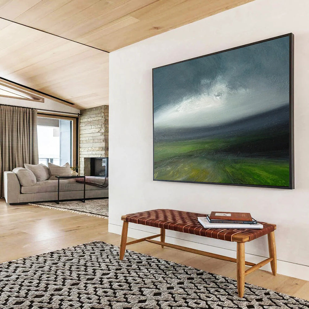 “Green, Gray, Stormy Field ‘Tempestuous Land’” - Impressionist Landscape Painting On Canvas DLZ029