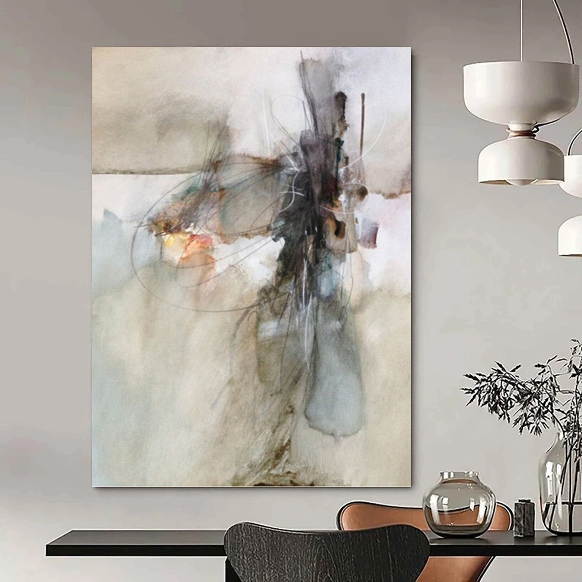 “Abstract Line & Color Fusion” - Gray, Blue & Orange Watercolor - Style Painting On Canvas DKH0950