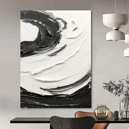 “Black, White Textured Swirls ‘Bold Rhythm’” - Impasto Abstract Painting On Canvas DTP380