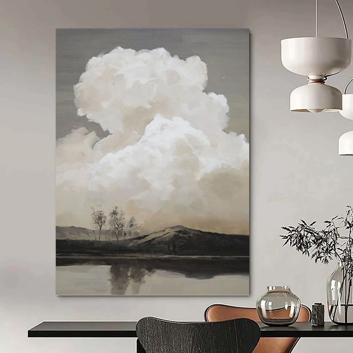 Monochromatic Cloudscape Over Water - Landscape Painting On Canvas DKH1439