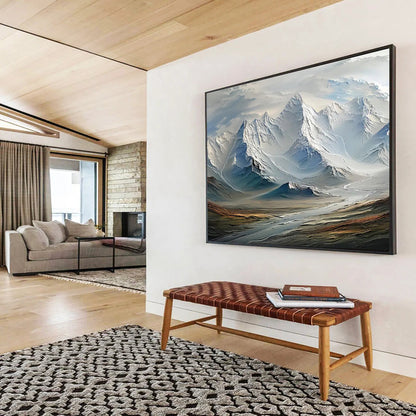 “Snowy Mountain Majesty” - White, Blue, Gray Landscape Digital - style Painting On Canvas DKH728