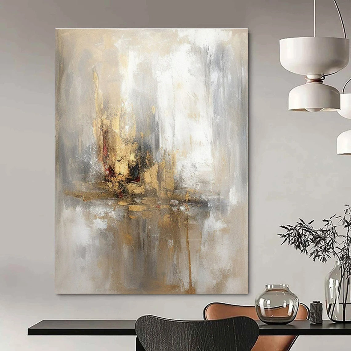 Grey, Gold, White & Red Abstract Reflection - "Ethereal Reflections" - Abstract Oil Painting CT1463