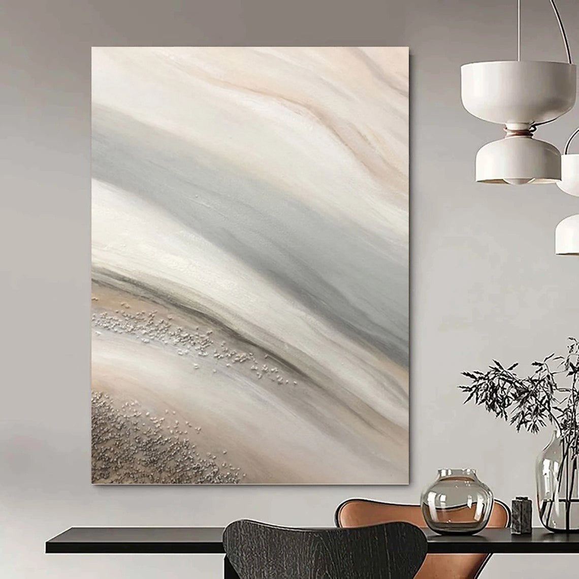 “Beige, Gray & Silver Abstract” - Beige, Gray & Silver Abstract Painting On Canvas DKH1215