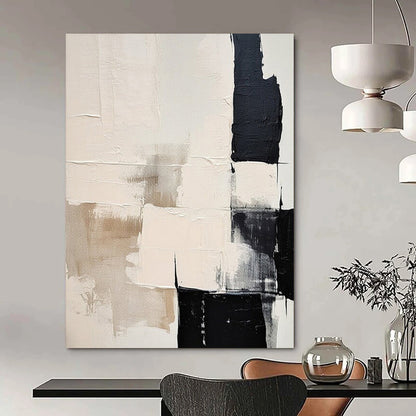 “Beige - Black & White Textured Blocks” – Abstract Block Art CT0978