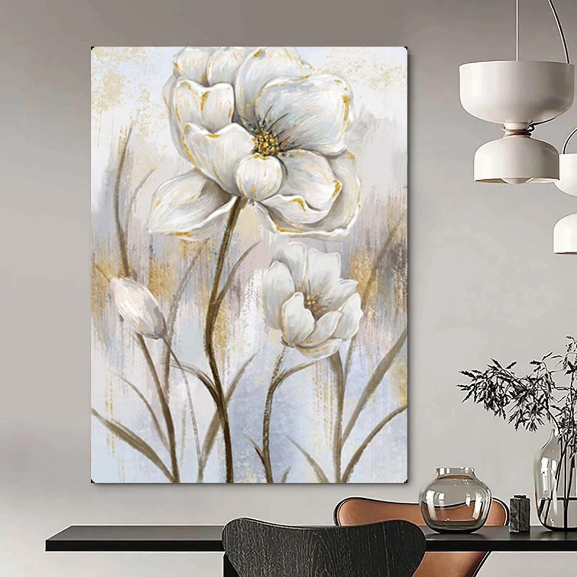 “Elegant White Flowers with Gold Accents” – Floral Oil Painting On Canvas CT2124