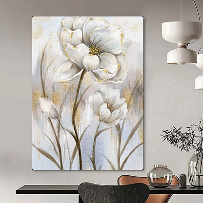 “Elegant White Flowers with Gold Accents” – Floral Oil Painting On Canvas CT2124