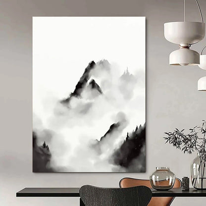 “Ink - Wash Mountain Clouds” - Black and White Ink - Wash Painting On Canvas DTP207