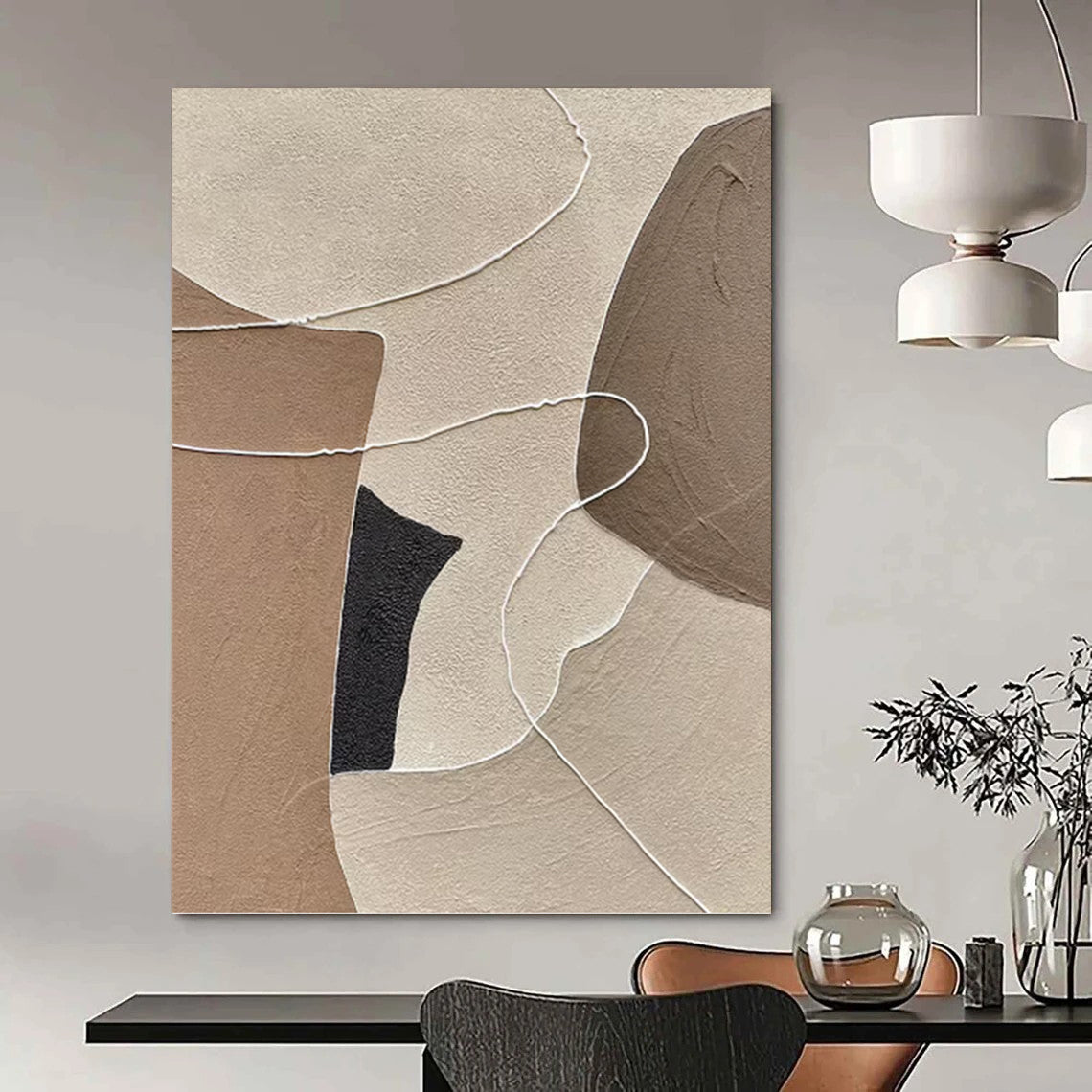 Neutral Shapes with White Lines - Abstract Painting On Canvas DKH1313