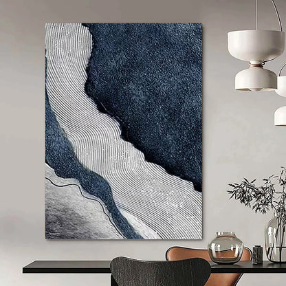 “Rippled River” - Blue, White & Gray Abstract Flowing Lines Painting On Canvas DKH1536