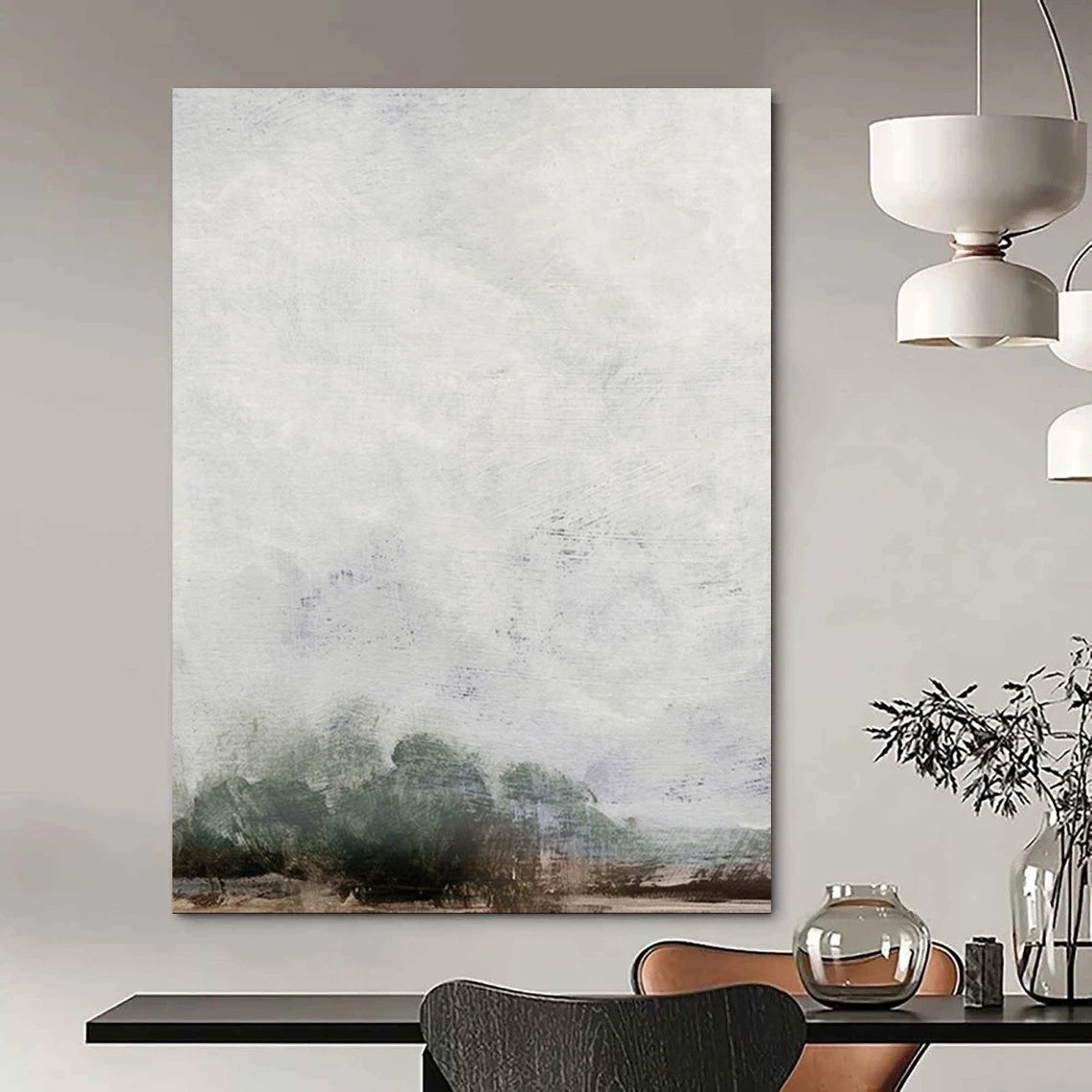 “Misty Gray Landscape” - Gray, Green Abstract Landscape Painting On Canvas DTP221