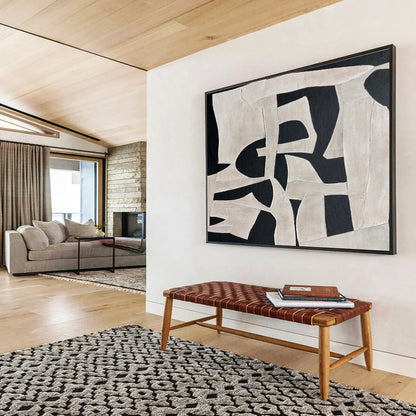 Black and White Geometric Abstract “Dynamic Shape Interplay” Painting On Canvas DKH091