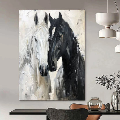 “Black & White Equine Bond” – Impasto Animal Painting On Canvas CT2122