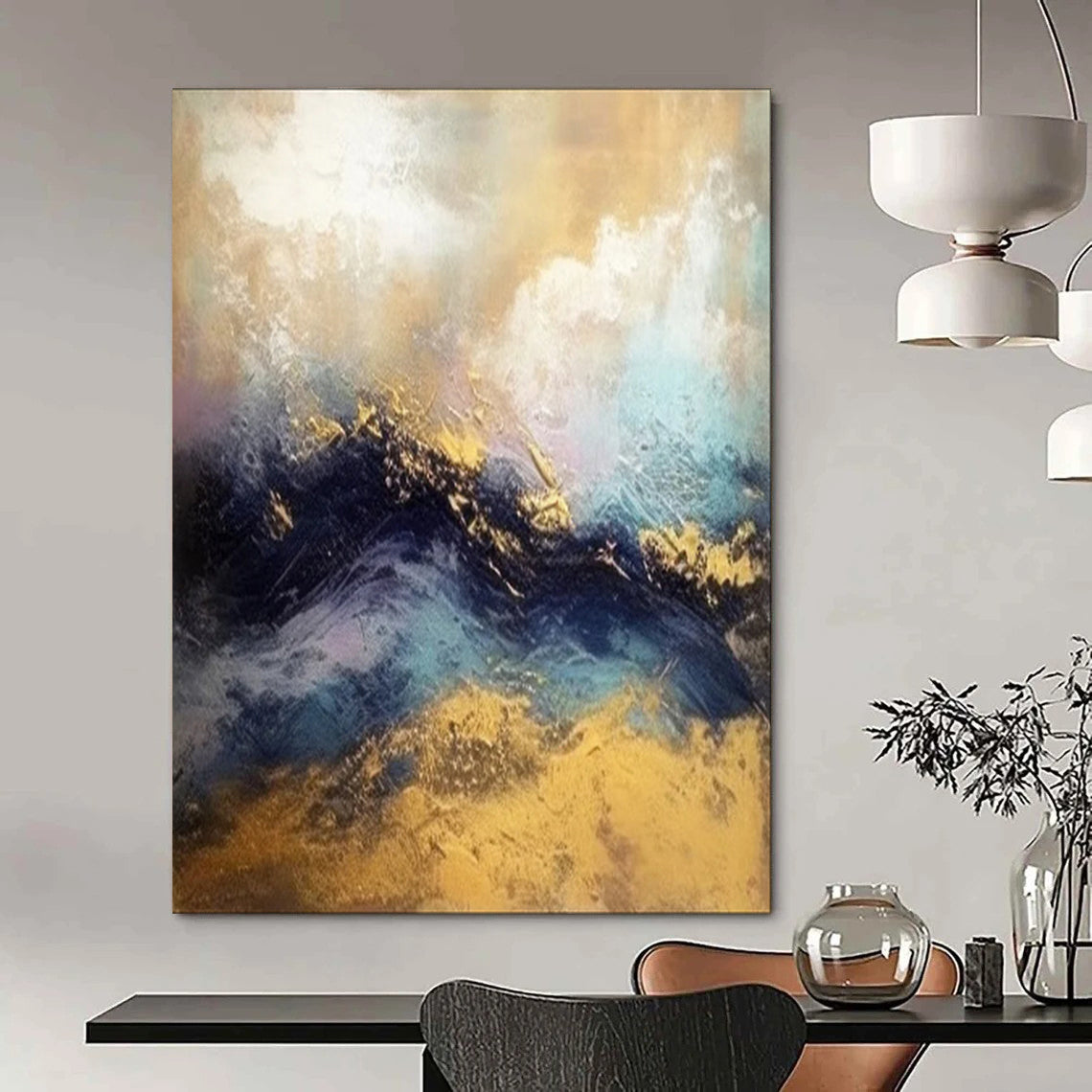 “Gold and Blue Abstract Waves” - Contemporary Landscape Art CT1941