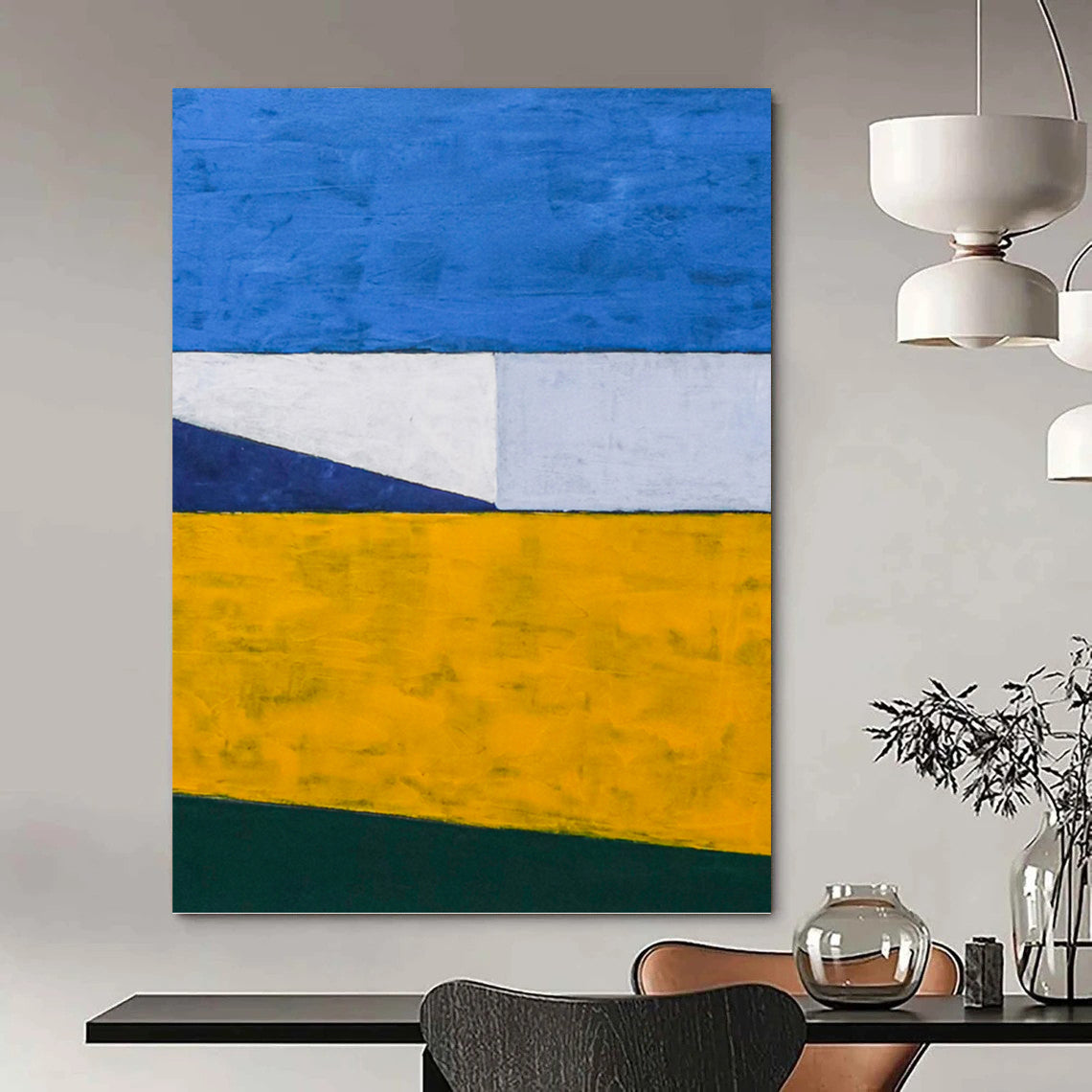 “Blue, Yellow, and Green Color - Blocked Abstract” - Minimalist Geometric Painting On Canvas DKH1096