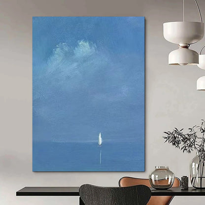 “Distant Voyage: Tiny Sail on Vast Blue” - Abstract Nautical Oil on Canvas CT1879