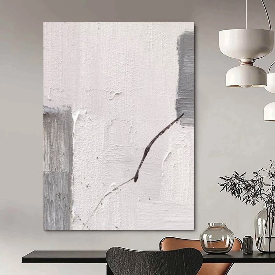 “Gray, White, Black Textured Line ‘Fragile Connection’” - Impasto Abstract Painting On Canvas DTP363