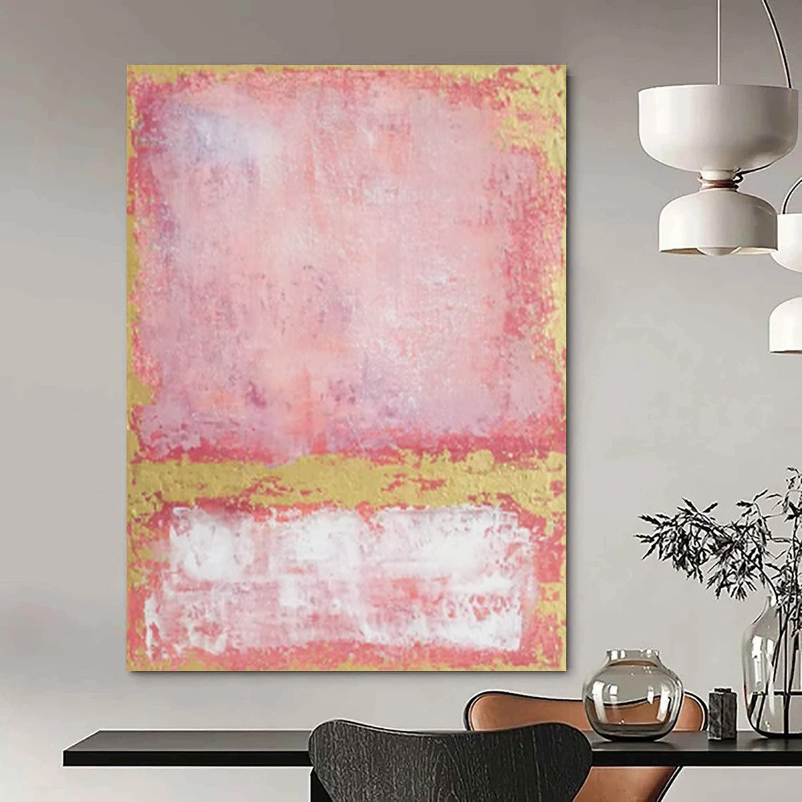 “Pink, Red & Gold Textured Rectangles” - Abstract Painting On Canvas CT2325
