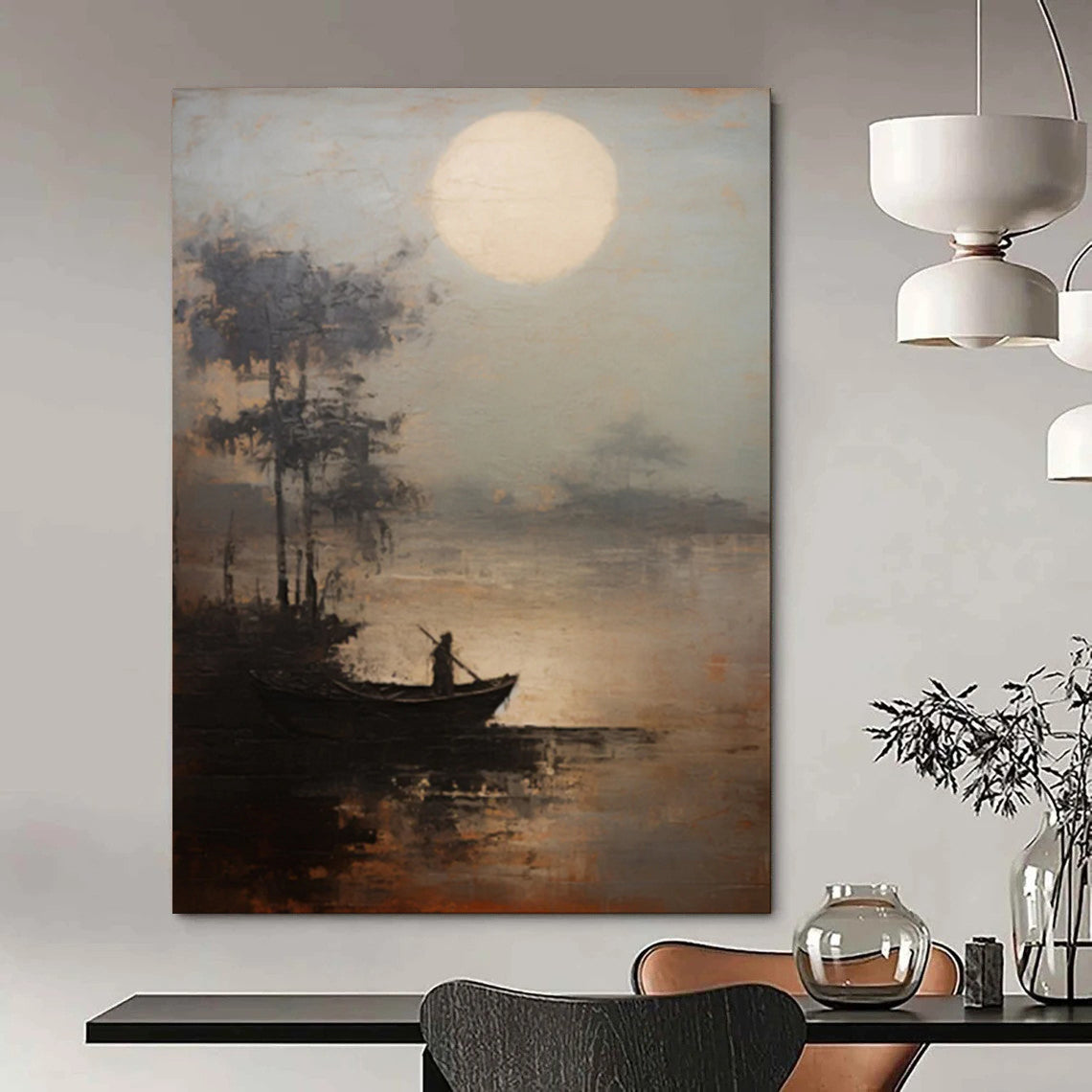 “Moonlit Lake Fisherman” – Atmospheric Landscape Oil CT2094
