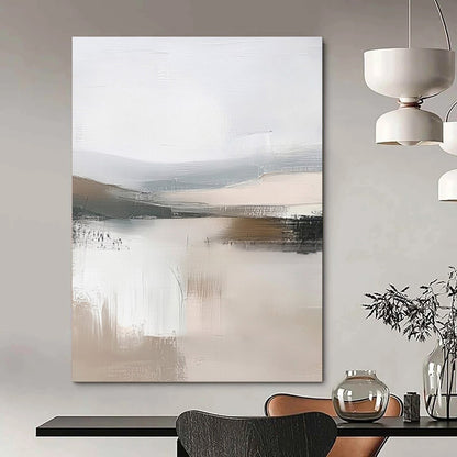 “Abstract Lake Reflections” – Modernist Landscape Oil Painting with Gray and Beige Textures CT2059