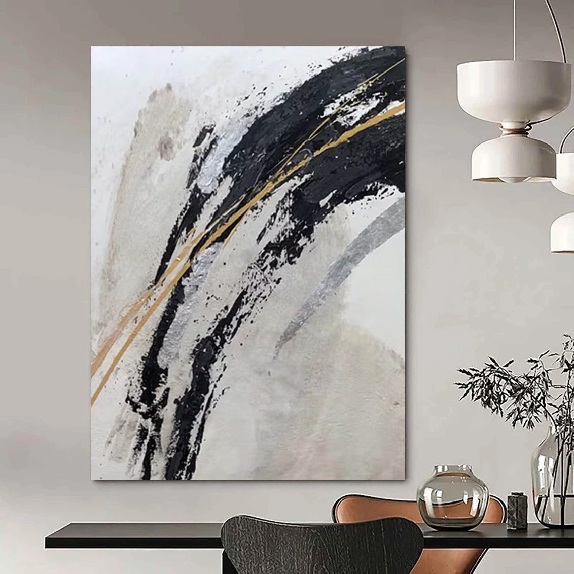 “Black, Gold, and Silver Swirls” - Black, Gold, Silver, White Abstract Painting On Canvas DTP249