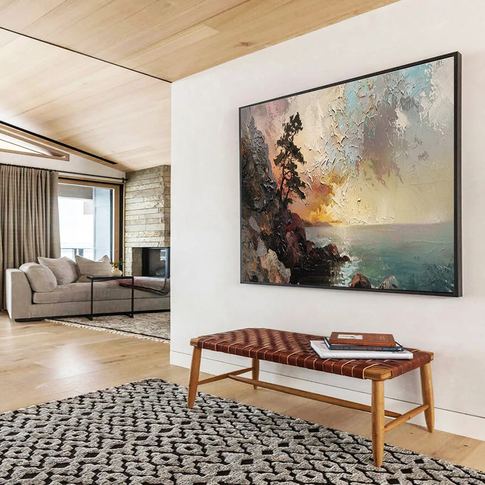 “Coastal Pine & Sunset” Impasto Seaside Painting On Canvas DKH463