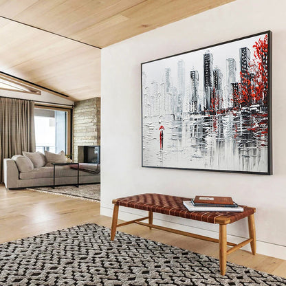 Cityscape with Red Accents - Gray, White & Red Urban Painting On Canvas DKH886