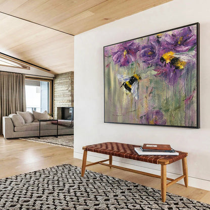 “Buzzy Floral Delight” - Purple, Yellow, Black Bee & Flower Impressionistic Painting On Canvas DKH718