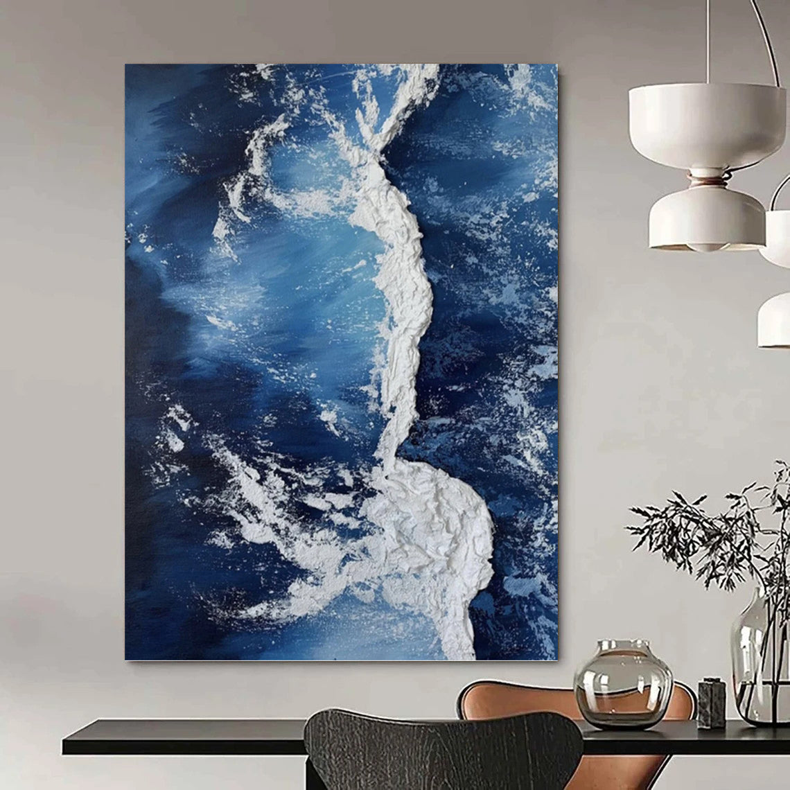 “Blue and White Textured Abstract - Ocean's Embrace” Painting On Canvas DKH1126