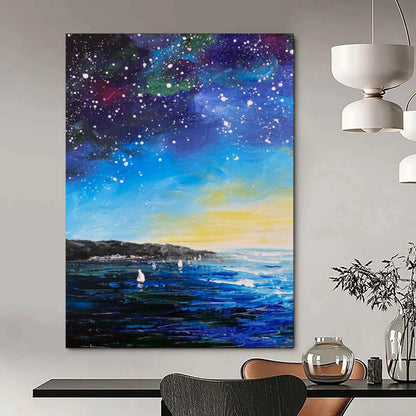 “Starry Night by the Sea: Impressionist Celestial Landscape” - Impasto Oil on Canvas CT1901